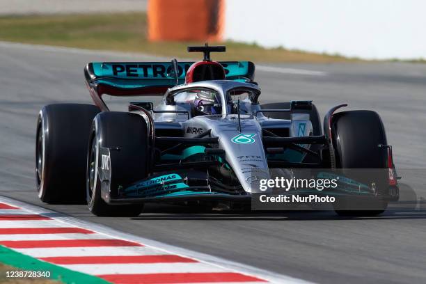 Lewis Hamilton of Great Britain driving the Mercedes AMG Petronas F1 Team Mercedes W13 during Day Two of F1 Testing at Circuit de Barcelona-Catalunya...