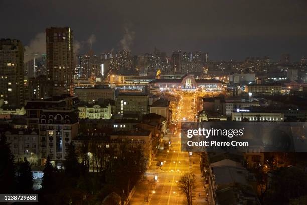 Night view of Kyiv as the Kyiv mayor declared a curfew from 10pm to 7am on February 24, 2022 in Kyiv, Ukraine. Overnight, Russia began a large-scale...