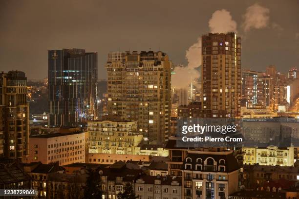 Night view of Kyiv as the Kyiv mayor declared a curfew from 10pm to 7am on February 24, 2022 in Kyiv, Ukraine. Overnight, Russia began a large-scale...