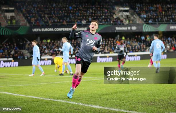 Harvey Barnes of Leicester City celebrates after scoring to make it 0-1 during the UEFA Europa Conference League Knockout Round Play-Offs Leg Two...