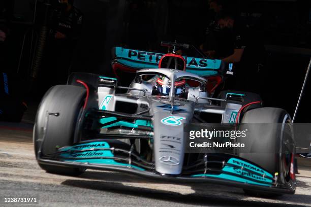 George Russell of Great Britain driving the Mercedes AMG Petronas F1 Team W13 during Day Two of F1 Testing at Circuit de Barcelona-Catalunya on...