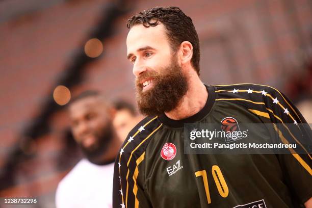 Luigi Datome, #70 of AX Armani Exchange Milan warm up prior the Turkish Airlines EuroLeague Regular Season Round 27 match between Olympiacos Piraeus...