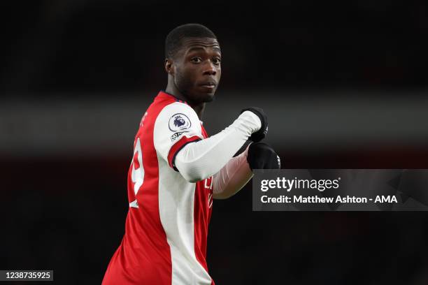 Nicolas Pepe of Arsenal during the Premier League match between Arsenal and Wolverhampton Wanderers at Emirates Stadium on February 24, 2022 in...