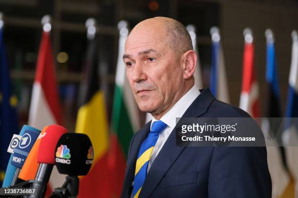 Slovenian Prime Minister Janez Jansa is talking to media as he arrives in the Europa, the EU Council headquarter for an EU Summit on the situation of...