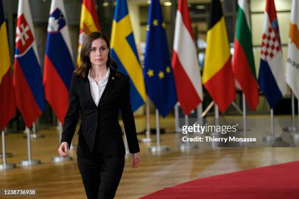 Finish Prime Minister Sanna Mirella Marin is talking to media as she arrives in the Europa, the EU Council headquarter for an EU Summit on the...