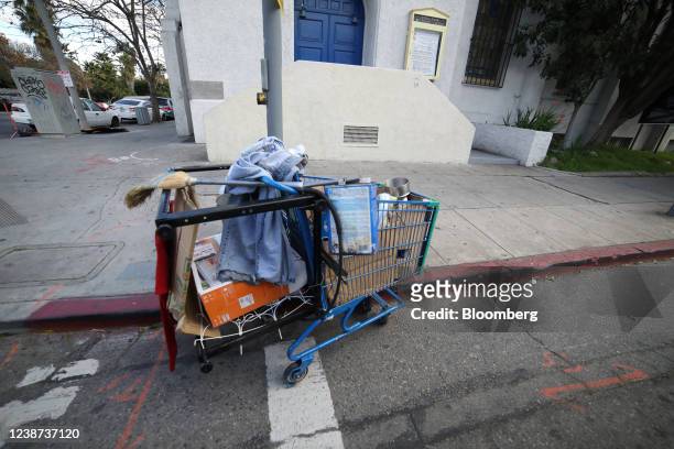 Shopping cart of possessions belonging to a person experiencing homelessness in the Echo Park neighborhood of Los Angeles, California, U.S., on...