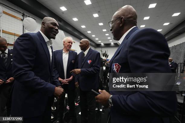 Legends, Hakeem Olajuwon and Clyde Drexler talk during the NBA 75 Group Photo as part of the 2022 NBA All Star Weekend on February 20, 2022 at Rocket...