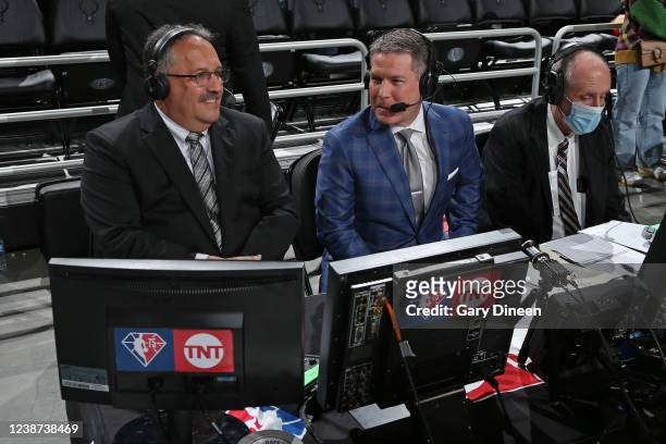 Analysts, Stan Van Gundy and Brian Anderson talk before the game between the Washington Wizards and Milwaukee Bucks on February 1, 2022 at the Fiserv...