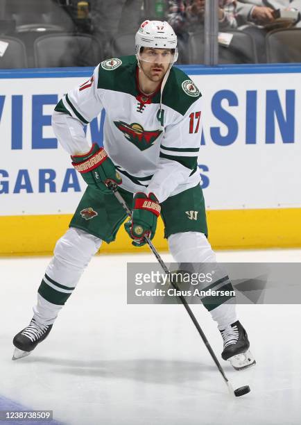 Marcus Foligno of the Minnesota Wild warms up prior to playing against the Toronto Maple Leafs in an NHL game at Scotiabank Arena on February 24,...