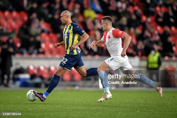 Marcel Tisserand of Fenerbahce in action Tomas Holes of Slavia Prague during the UEFA Europa Conference League of the other play-off round match...