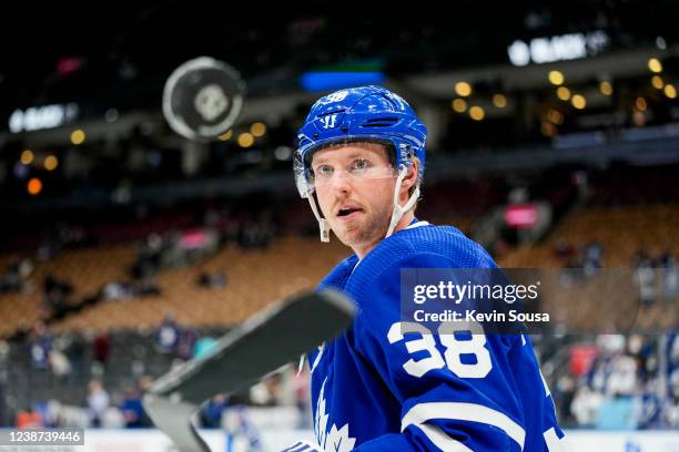 Rasmus Sandin of the Toronto Maple Leafs warms up before facing the Minnesota Wild at the Scotiabank Arena on February 24, 2022 in Toronto, Ontario,...