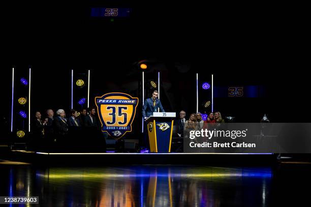 Pekka Rinne speaks during a ceremony to retire his jersey before the game between the Nashville Predators and the Dallas Stars at Bridgestone Arena...