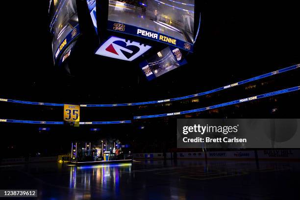 General view as the banner is raised during a ceremony to retire the jersey of former goalkeeper Pekka Rinne before the game between the Nashville...