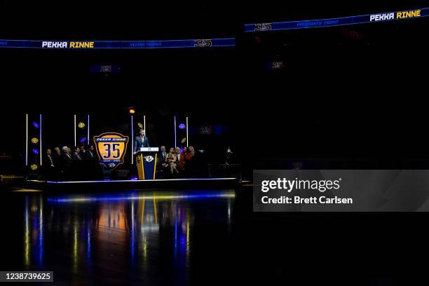 Pekka Rinne speaks during a ceremony to retire his jersey before the game between the Nashville Predators and the Dallas Stars at Bridgestone Arena...