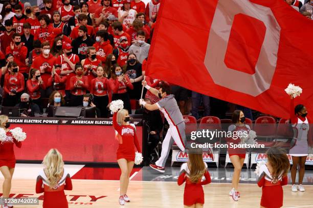 Ohio State cheerleaders rev up the crowd before a game between the Indiana University Hoosiers and the Ohio State Buckeyes on February 21 at the...