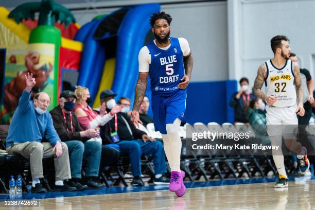 Myles Powell of the Delaware Blue Coats celebrates during a game against the Fort Wayne Mad Ants on February 24, 2022 at Chase Fieldhouse in...