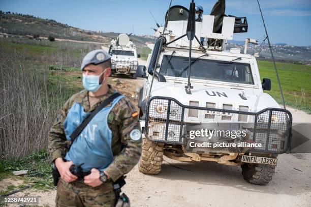 February 2022, Lebanon, Kafar Kila: Soldiers of the Spanish contingent of the UNIFIL peacekeeping mission patrol the border area between Lebanon and...