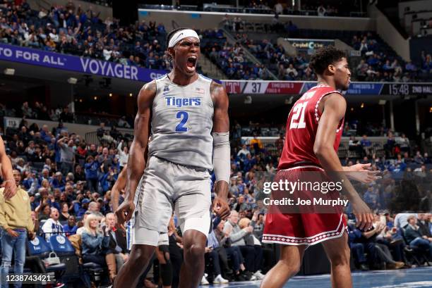 Jalen Duren of the Memphis Tigers celebrates against the Temple Owls during a game on February 24, 2022 at FedExForum in Memphis, Tennessee. Memphis...