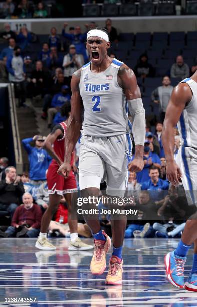 Jalen Duren of the Memphis Tigers celebrates against the Temple Owls during a game on February 24, 2022 at FedExForum in Memphis, Tennessee. Memphis...