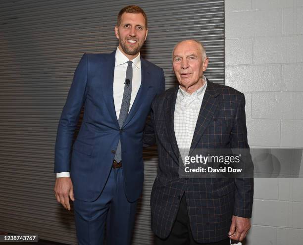 Former Dallas Mavericks player, Dirk Nowitzki and former Dallas Mavericks Coach Holger Geschwindner before the game and ceremony honoring his career...