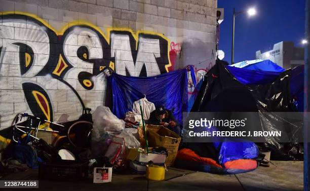 Homeless encampment is pictured on the streets of Los Angeles, California on February 24 as volunteers participate on the third night of the Greater...