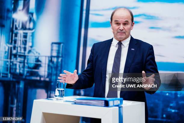 Martin Brudermueller, chairman of German chemicals company BASF, speaks during his company's annual press conference to present results on February...