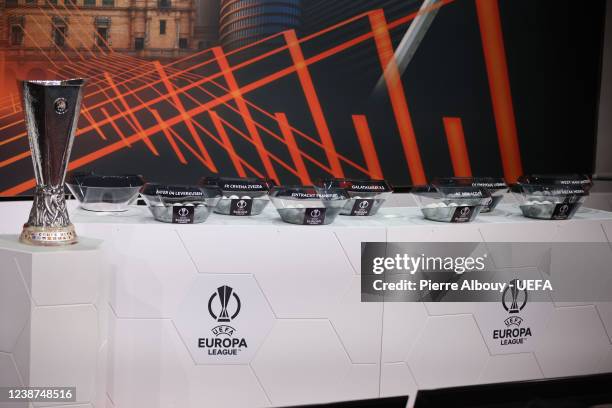 General view of the stage during the UEFA Europa League 2021/22 Round of 16 Draw at the UEFA headquarters, The House of European Football, on...