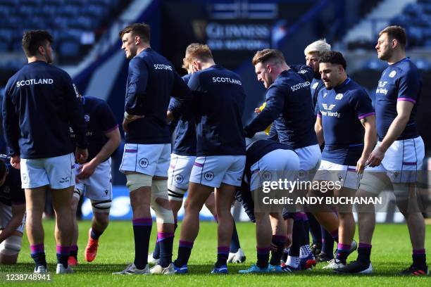 Scotland's team-players take part in a training session of Scotland's rugby team at the Murrayfield Stadium, in Edinburgh, on February 25, 2022 on...