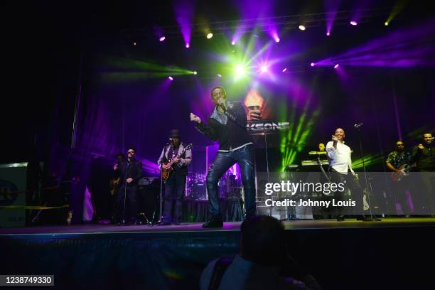 Tito Jackson, Marlon Jackson and Jackie Jackson of the Jacksons perform on stage at Live at Coco Seminole Casino Outdoors on February 24, 2022 in...