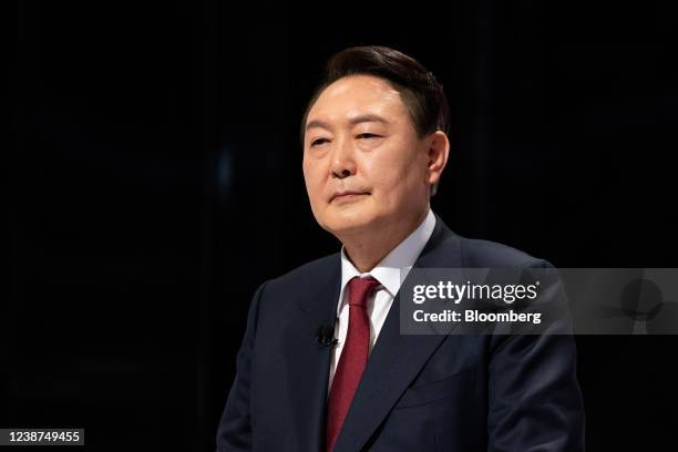 Yoon Suk-yeol, presidential candidate from the People's Party, during a presidential debate at the SBS studio in Seoul, South Korea, on Friday, Feb....