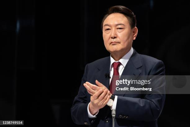 Yoon Suk-yeol, presidential candidate from the People's Party, during a presidential debate at the SBS studio in Seoul, South Korea, on Friday, Feb....