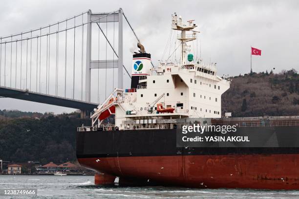 The Marshall Islands-flagged Turkish-owned Yasa Jupiter ship, which was hit by a missile off the coast of Ukraine's port city Odessa, sails on the...