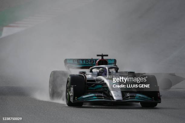 Mercedes' British driver Lewis Hamilton drives during the third day of the Formula One pre-season testing at the Circuit de Barcelona-Catalunya in...