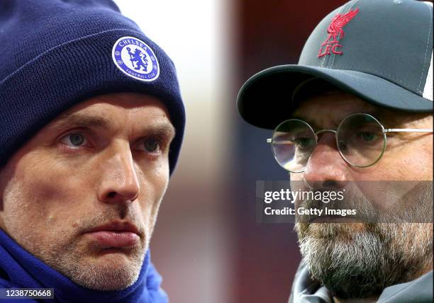 In this composite image a comparison has been made between Thomas Tuchel, Manager of Chelsea and Jurgen Klopp, Manager of Liverpool. Chelsea and...