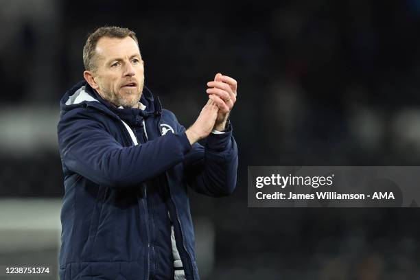 Gary Rowett the manager / head coach of Millwall during the Sky Bet Championship match between Derby County and Millwall at Pride Park Stadium on...