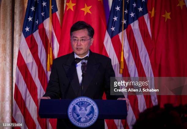 Chinese ambassador Qin Gang speaks at The Richard Nixon Library & Museum to mark 50 years since Nixon visited China and began diplomatic relations....