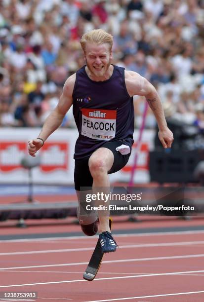 Jonnie Peacock of Great Britain crosses the line in the men's 100 metres T43/44 race in the IPC Grand Prix Final during the Muller Anniversary Games...