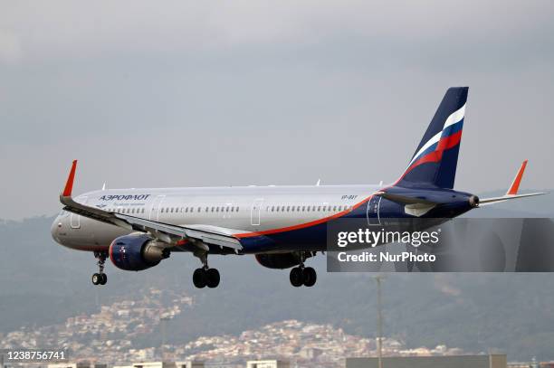 Airbus A321, from russian Aeroflot company, getting ready to land at Barcelona airport, in Barcelona on 25th february 2022. --