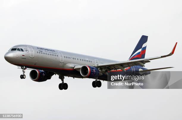 Airbus A321, from russian Aeroflot company, getting ready to land at Barcelona airport, in Barcelona on 25th february 2022. --