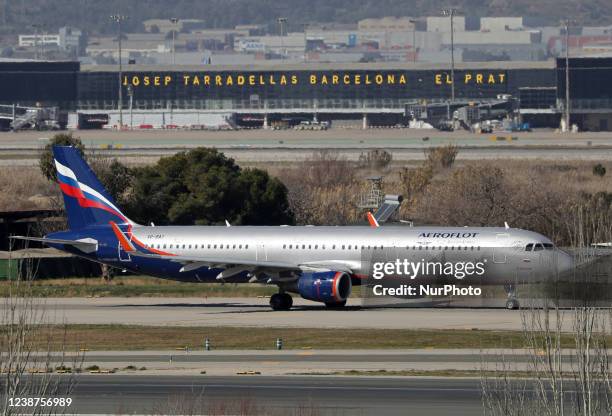 Airbus A321, from russian Aeroflot company, prepares to take off from Barcelona airport, in Barcelona on 25th february 2022. --