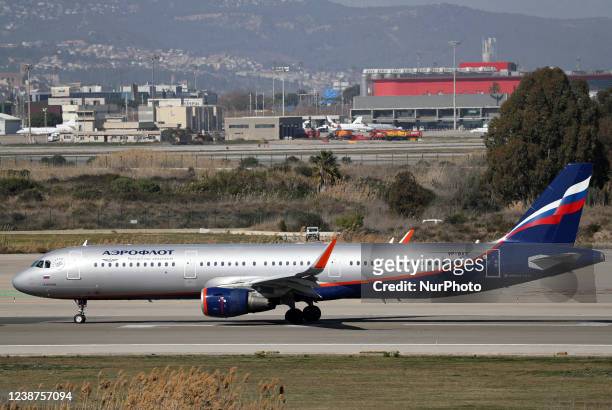 Airbus A321, from russian Aeroflot company, prepares to take off from Barcelona airport, in Barcelona on 25th february 2022. --