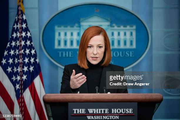 White House Press Secretary Jen Psaki speaks during the daily press briefing in the White House February 25, 2022. Earlier in the day, President Joe...