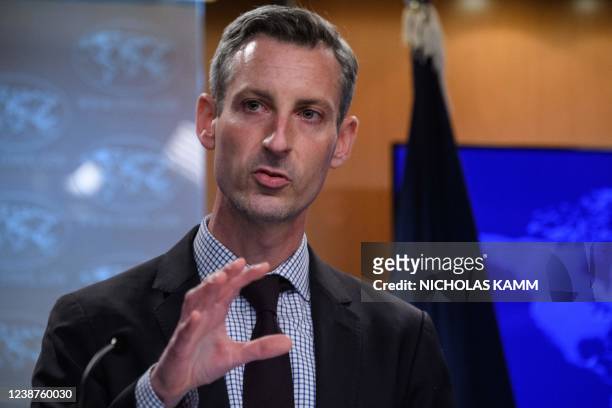 State Department spokesman Ned Price speaks at the daily briefing at the State Department in Washington, DC, on February 25, 2022.
