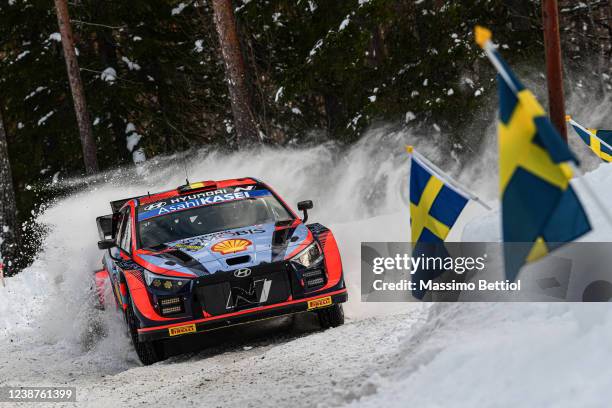 Thierry Neuville of Belgium and Martijn Wydaeghe of Belgium compete with their Hyundai Shell Mobis WRT Hyundai i20 N Rally1 during Day Two of the FIA...