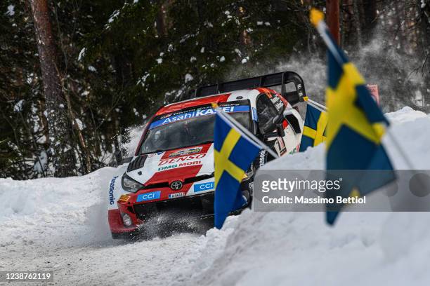 Kalle Rovanpera of Finland and Jonne Halttunen of Finland compete with their Toyota Gazoo Racing WRT Toyota GR Yaris Rally1 during Day Two of the FIA...