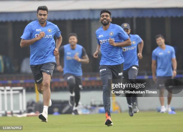 Indian cricket team players train ahead of the first test match between India and Sri Lanka, at Inderjit Singh Bindra Stadium on February 25, 2021 in...
