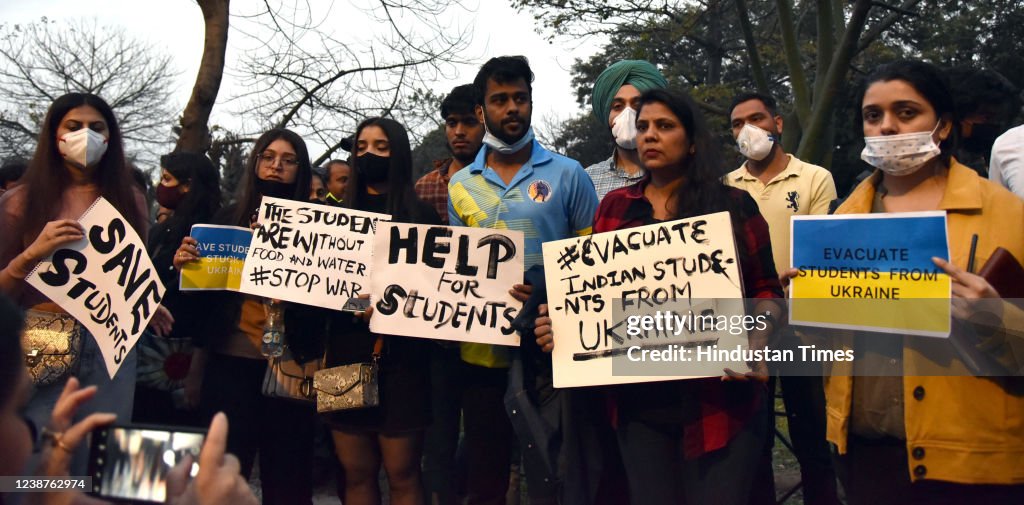 Relative Of Indian Stranded In Ukraine Protest Outside The Embassy Of Russian Federation