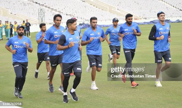 Indian cricket team players train ahead of the first test match between India and Sri Lanka, at Inderjit Singh Bindra Stadium on February 25, 2021 in...