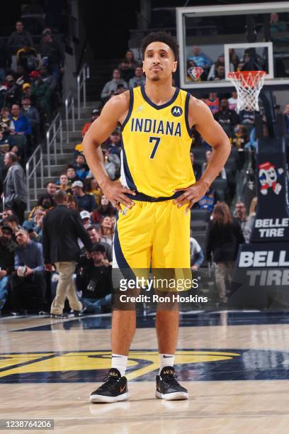 Malcolm Brogdon of the Indiana Pacers looks on during the game against the Oklahoma City Thunder on February 25, 2022 at Gainbridge Fieldhouse in...