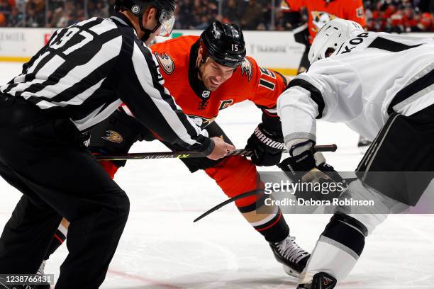 Ryan Getzlaf of the Anaheim Ducks lines up for a face-off during the game against the Los Angeles Kings at Honda Center on February 25, 2022 in...